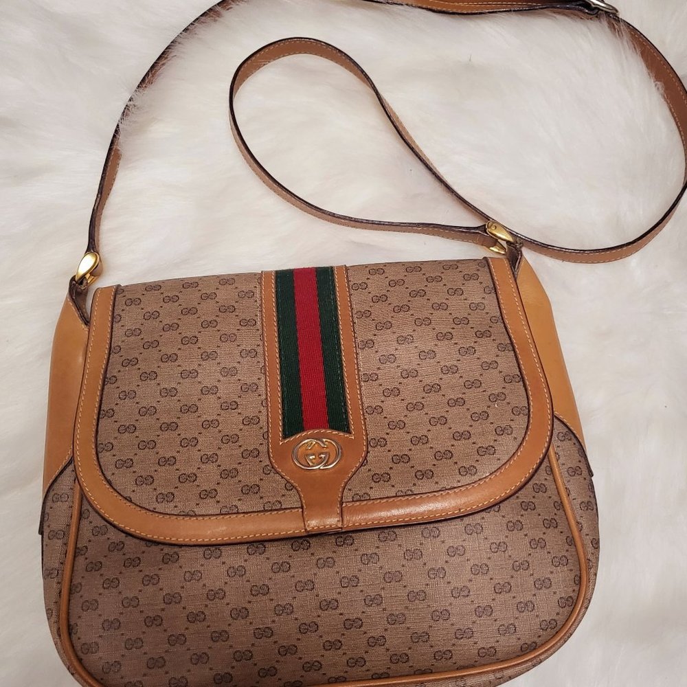 GUCCI Vintage Sherry Line GG web canvas Leather Crossbody